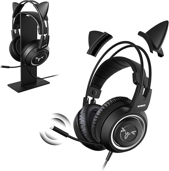SOMIC G951S Black Stereo Gaming Headset and Black Headphone Stand for PS4, PS5, Xbox One, PC, Mobile Phone, 3.5MM Sound Detachable Cat Ear Headphones