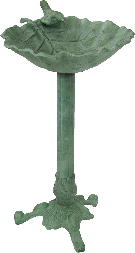 Sunnydaze Autumnal Leaf Metal Bird Bath with UV-Resistant Finish - Cast Aluminum - Green Patina - 11.75"", NOB-097