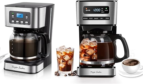 Taylor Swoden Programmable Coffee Makers 12 Cup, Hot and Iced Coffee Maker, 3 Brew Strength, LED Display, 24H Timer, Keep Warm&Auto Shutoff- Drip Coffee Machine for Home/Office, Black &Stainless Steel