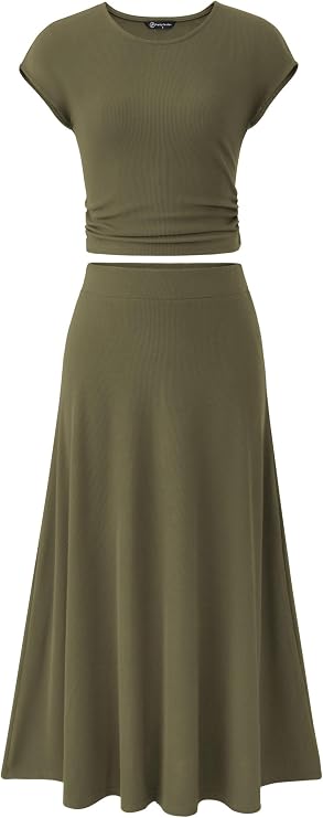 PRETTYGARDEN Women's Matching 2 Piece Ribbed Knit Skirt Set | Short Sleeve Crop Tops, Flowy A Line Midi Skirts, Dressy Casual Summer Outfits, Elegant Spring Clothes for Vacation Travel