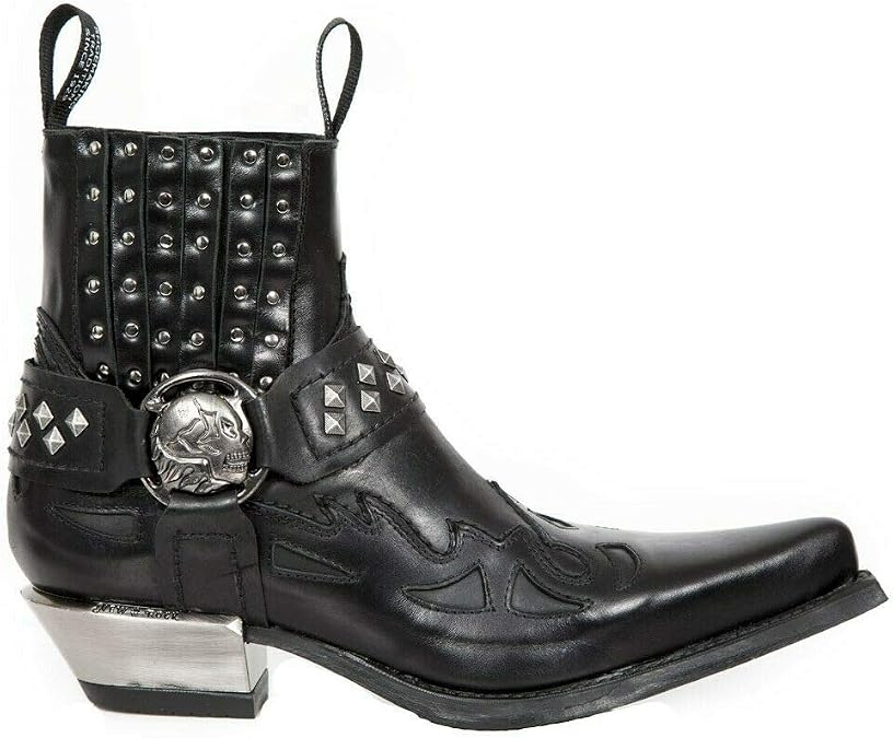 New Rock M.7950-S9 Black Ankle Boots Western Goth Strap Skull Studded Metal