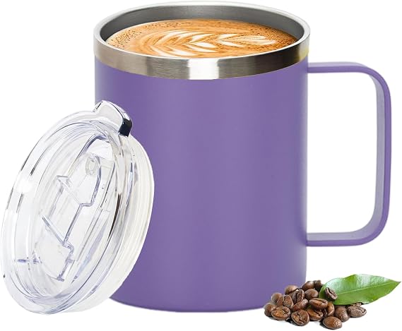 Thermal Mug, Insulated Coffee Mug with Handle and Sliding & Straw Lid, Leakproof Reusable Double Walled Vacuum Stainless Steel Travel Camping Cafe Tumbler Cup,Dishwasher Safe (Purple, 12 oz)