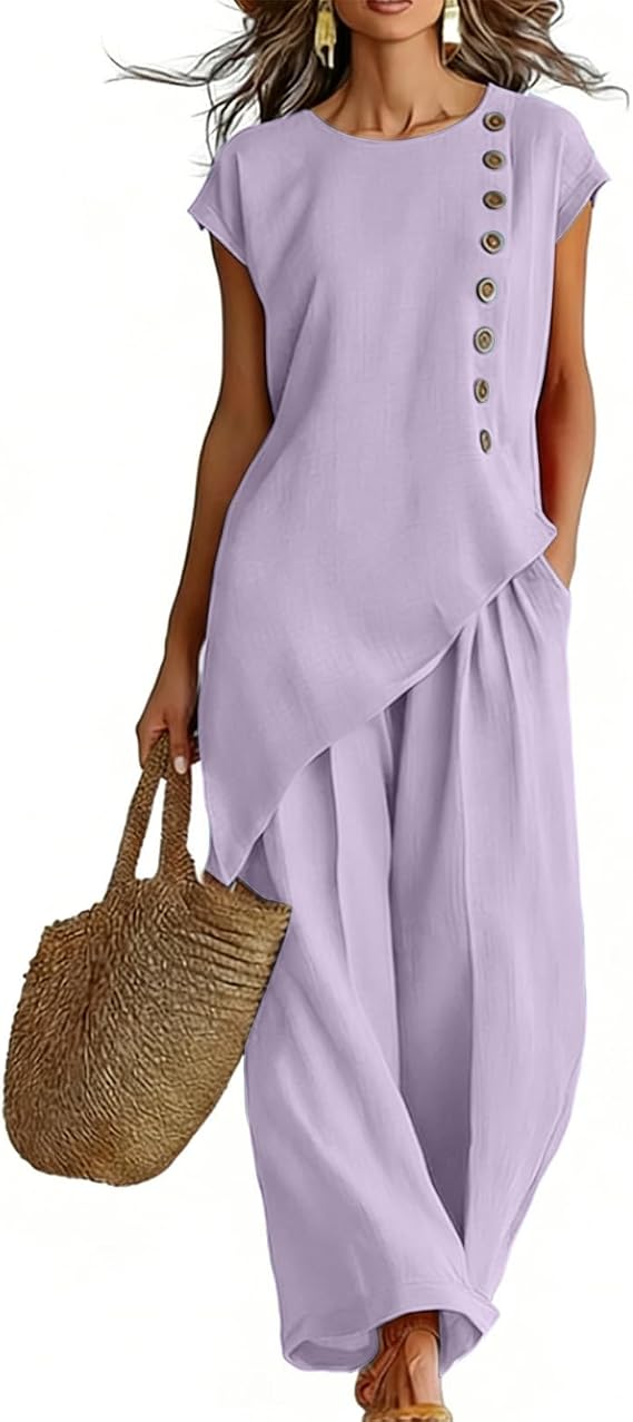 Linen Sets for Women 2 Piece Button Sleeveless Tank Tops with Wide Leg Pants Matching Se Summer Lounge Beach Outfits