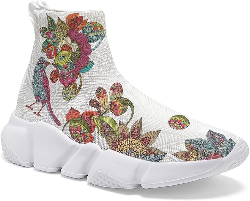 Hetios Women's Fabric Sock Shoes - Sneakers Athletic Running Walking Mesh Flower Bird Painting Breathable Slip On Tennis Gym Outdoor
