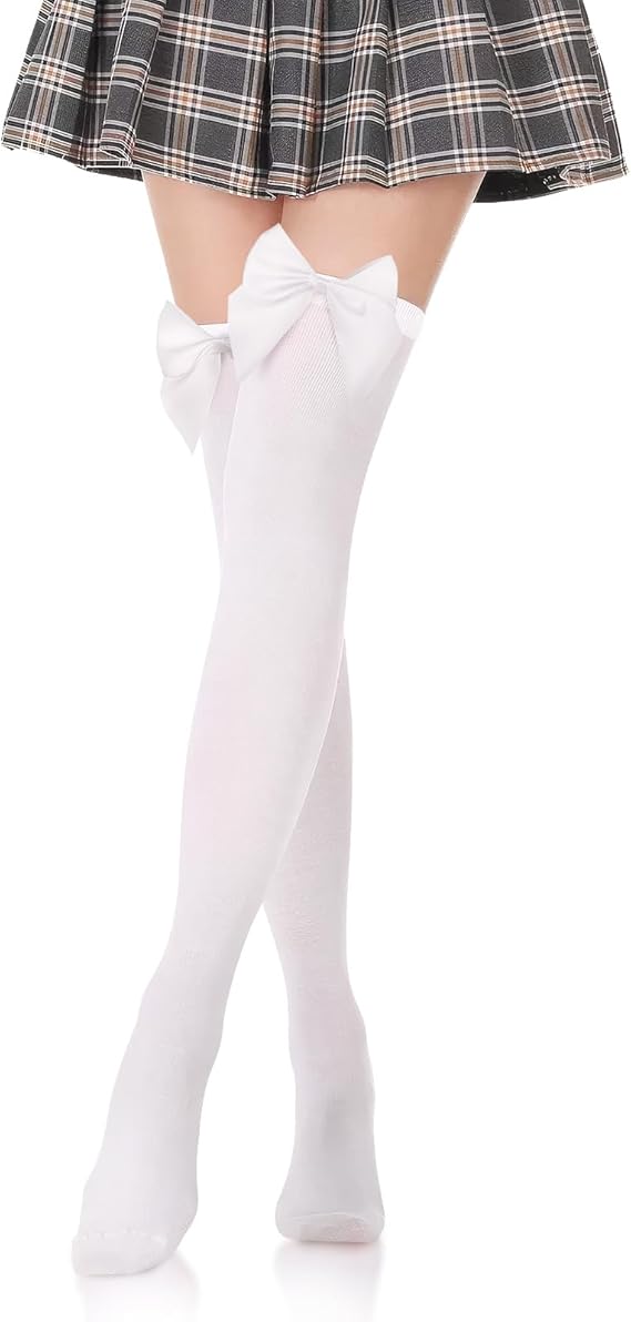 White Stockings, Women's Thigh High Socks with Satin Bows