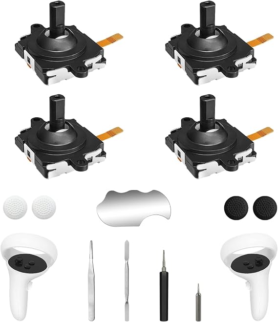 OLCLSS Joystick Replacement Kit for Oculus Quest 2 Controller, Repair Accessories for Meta Quest 3 Controller, Include 2 Joysticks, T5 Screwdriver, Tweezer, Pry Tool, 4 Thumbstick Grips