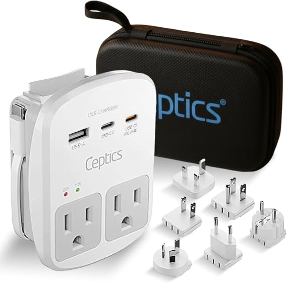 Ceptics 35W Universal Travel Adapter Kit 2 USA sockets, USB-A, USBC, 1x PD 35W USB-C and USBC Cable, Surge Protected, Plugs for EU, UK, China, AU, Japan - for Laptop, Phone, Camera-ETL Tested