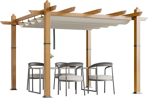 10x10 Ft Outdoor Pergola with Retractable Canopy, Upgraded Wood-Grain Aluminum Pergola, Modern Metal Pavilion for Backyard, Patio, Poolside, Grape Trellis, Beige