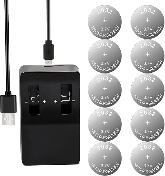 2032 Rechargeable Battery,3.7V LIR2032 Battery with Charger 10 Pack, LIR2032 Button Battery Can Replace ML2032,CR2032 Batteries for Airtag, Car Remote Key