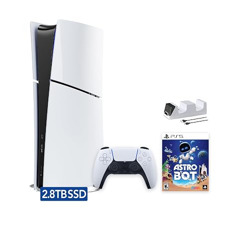PlayStation 5 Slim Upgraded 2.8TB Digital Edition ASTRO BOT Bundle and Mytrix Controller Charger - White, Slim PS5 2.8TB PCIe SSD Gaming Console