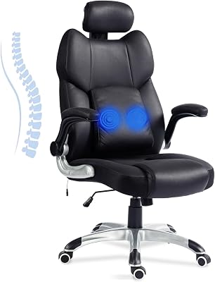 CLATINA Executive Vibrating Massage Office Chair with Removable Lumbar Pillow, PU Leather Ergonomic Reclining Desk Chair with Flip Up Armrest Adjustable Height and Swivel for Home and Office