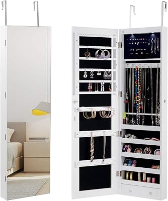 RELAX4LIFE Jewelry Armoire Wall &Door Mounted Jewelry Organizer 47.5 Inch WFull Length Mirror for Make Up, Dressing Jewelry Cabinet White