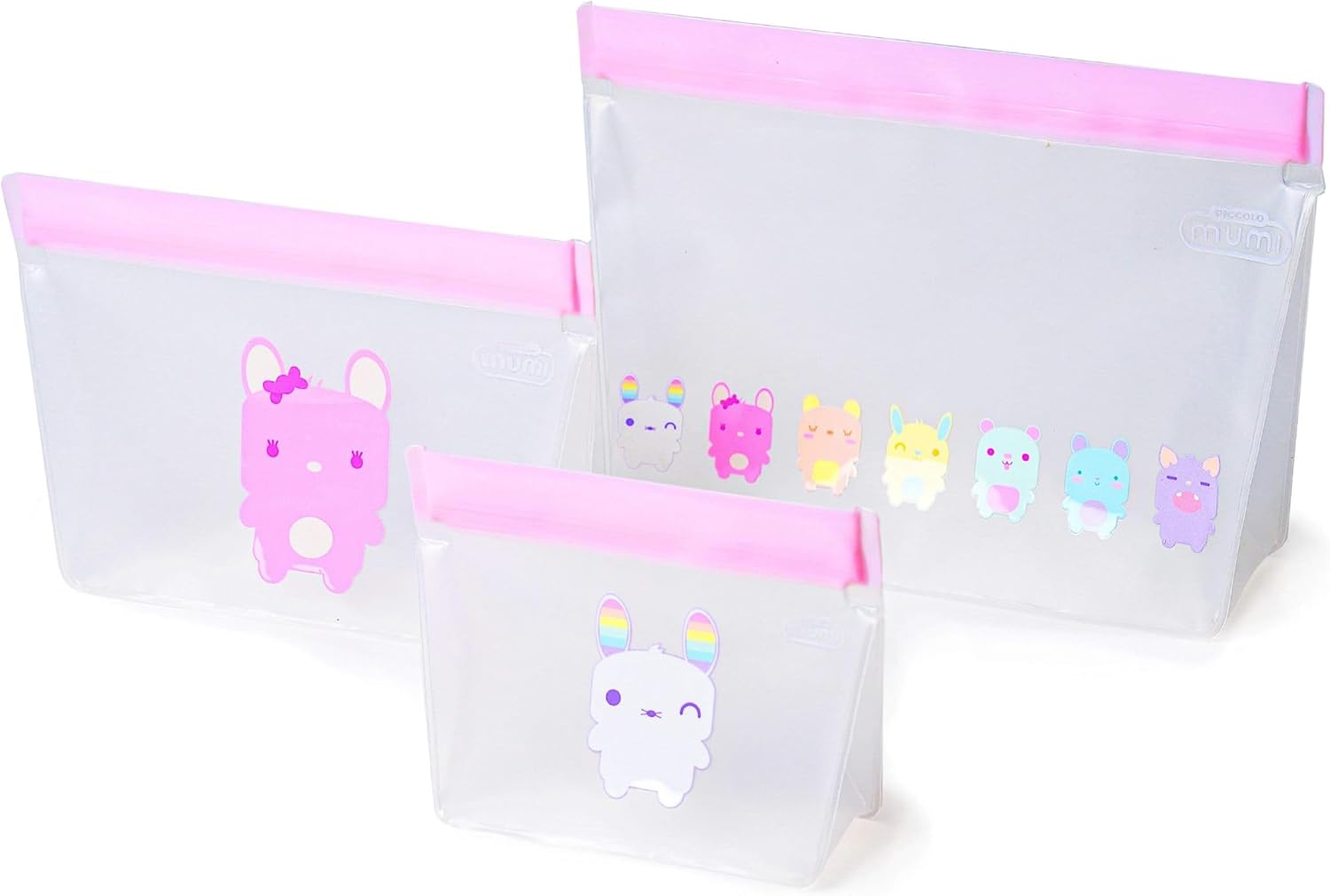 MUMI Piccolo Reusable Zip Up Bags – Set of 3 Silicone Ziplock Bags | Reusable Ziploc Bags for Food Storage, Freezer, Snacks | BPA-Free Airtight Silicone Storage Bags for Travel & Meal Prep - Pink
