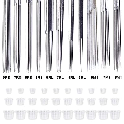 55 Pieces Mixed Tattoo Needles-3RL, 5RL, 7RL, 9RL, 3RS, 5RS, 7RS, 9RS, 5M1, 7M1,9M1,100 Count for Tattoo Machine Tattoo Supply mix with 30 PCS 3 Size Plastic Tattoo Ink Pigment Cups