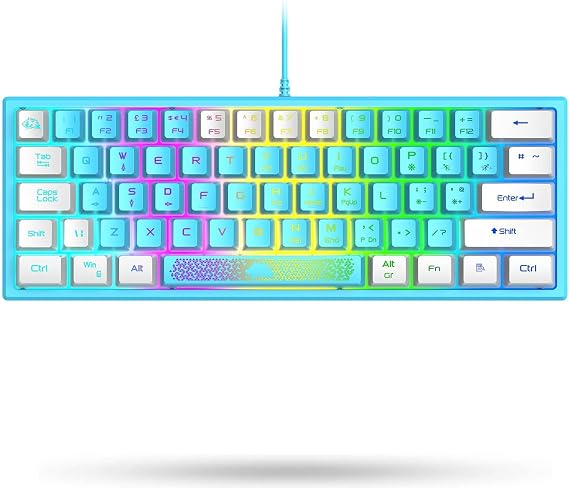 K61 UK Layout 60% Gaming Keyboard Wired 61 Keys RGB LED Backlit 7 Lighting Effects Waterproof Keyboard Mechanical Feeling 19 Keys Anti Ghosting for Laptop MAC - Blue and White Mixed-Colored Keycaps