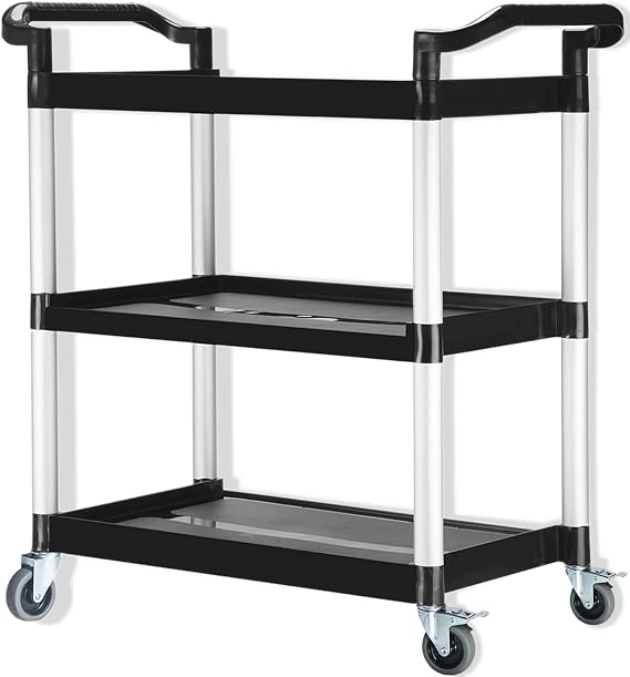 3-Tier Black Utility Cart | 20'' D x 42'' W | Bussing Service Plastic Cart with Wheels