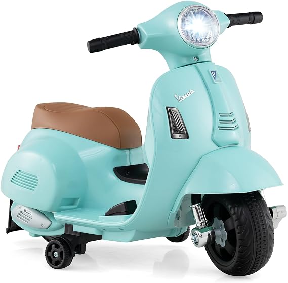 Licensed Vespa Scooter Kids Motorcycle by OLAKIDS, 6V Ride on Electric Motorcycle with Training Wheels, Headlight, Battery Powered 3 Wheels Toy Gift with LED Headlight Horn for Boys Girls (Green)