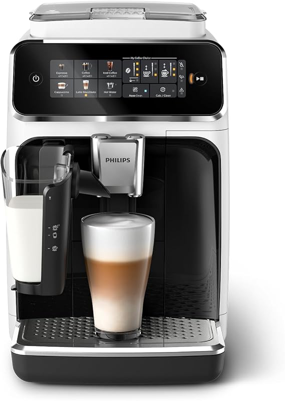 Philips Serisi 3300 Tam Otomatik Espresso Makinesi LatteGo Süt Sistemi ile, 6 Kahve Çeşidi, SilentBrew Teknolojisi, AquaClean Filtre – Beyaz & Parlak Siyah (EP3343/50)