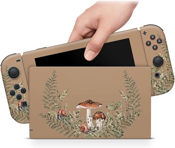 ZOOMHITSKINS Skin Compatible with Switch OLED, Forest Mushroom Autumn Leaves Botanical Brown, Durable 3M Vinyl Decal Sticker Wrap, Made in The USA