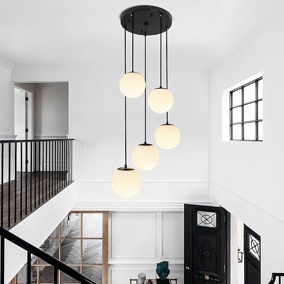 Cluster Globe Glass Chandelier 5-Lights Brushed Gold Mid Century Pendant Lights with Milk White Glass Multi Cluster Hanging Lamp for Stair Adjustable Height Island Ceiling Light