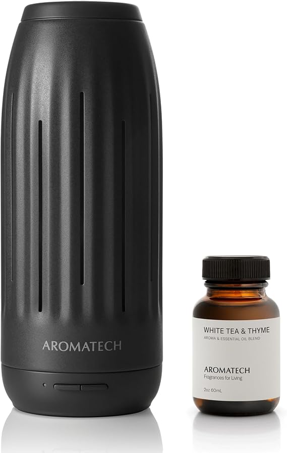 AromaTech Ambience Mini Scent Diffuser for Essential Oil Blends & Fragrances - Waterless Scent Machine w/Bluetooth for Home, Bathroom - Charcoal with 60 mL White Tea & ThymeAroma Oil