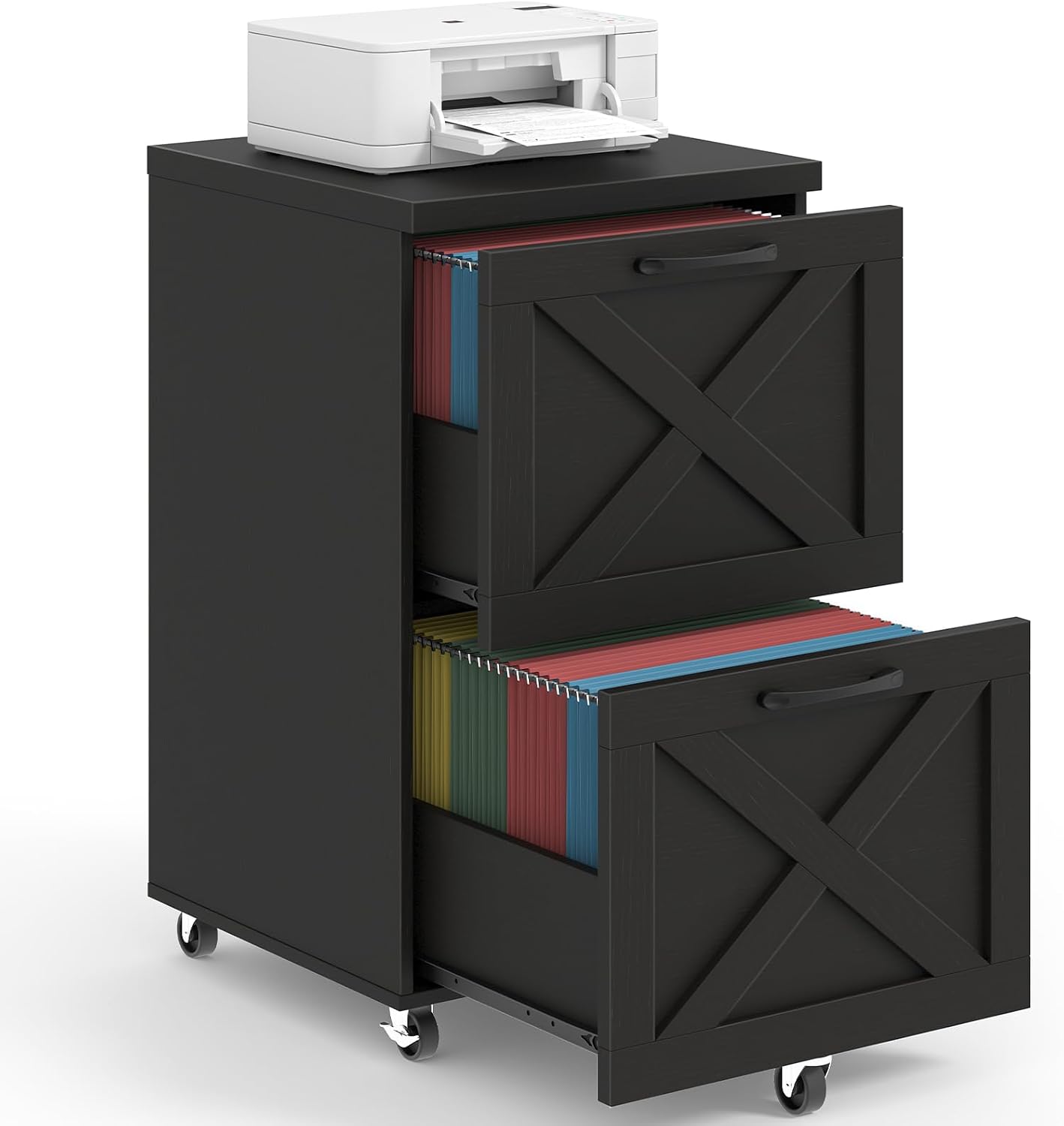 Rolling Drawer Small File Cabinet 2-Tier Farmhouse Vertical Filing Cabinet A4 or Letter Size Under Desk Rolling File Cabinet Home Office Wood Printer Stand Black