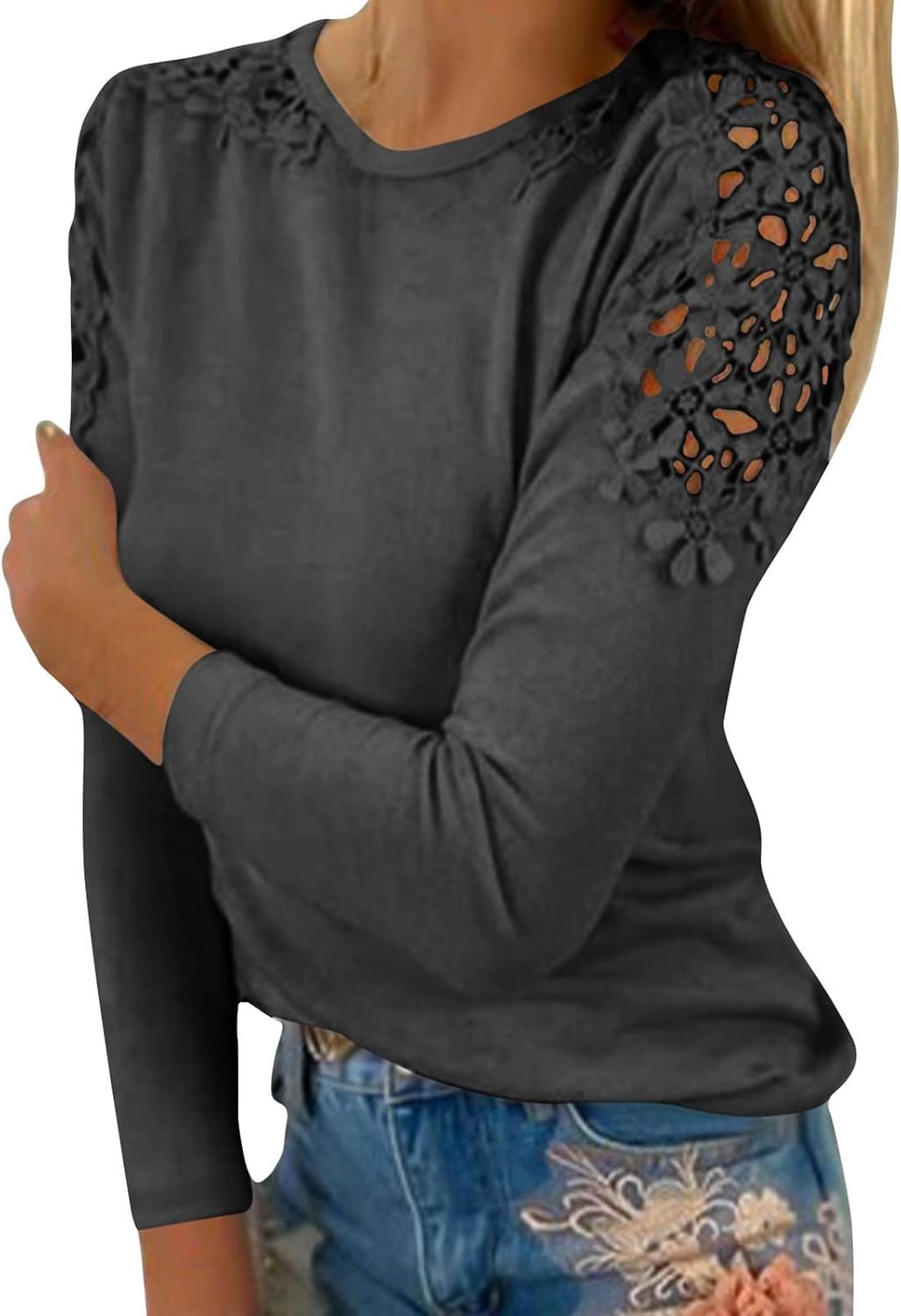 Fall Shirts for Women Trendy Crew Neck Long Sleeves Blouses Tops Dressy Casual Lace Floral Shoulder Basic Shirt