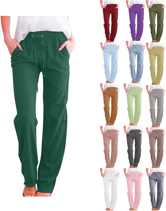 Linen Pants Womens Casual Wide Leg Palazzo Pants High Waisted Drawstring Beach Trousers Loose Fit Cotton Linen Pant