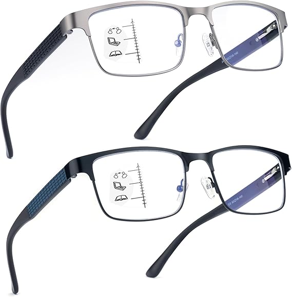 SKYOAK Premium 2 PACK Durable Progressive Multifocus Reading Glasses Men Blue Light Blocking Computer Reader