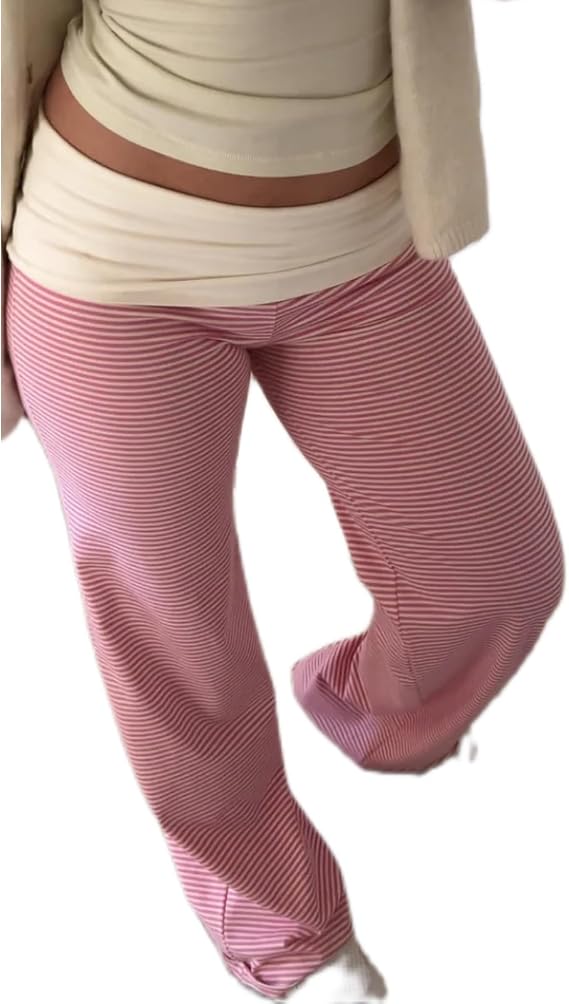 Women Fold Over Yoga Pants Y2k Low Rise Wide Leg Sweatpants Contrast Color Stretchy Loose Gym Lounge Leggings