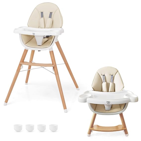 BABY JOY Baby High Chair, Wooden High Chair for Babies & Toddlers with Dishwasher Safe Double Removable Tray, Infant Feeding Chair with 5-Point Safety Harness & Detachable PU Seat Cushion (Beige)
