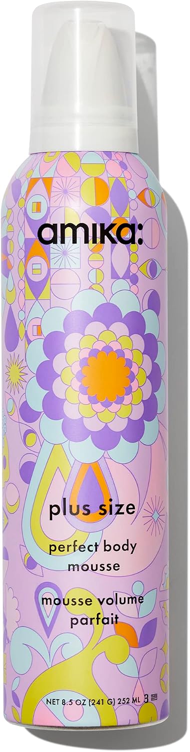 amika plus size perfect body hair mousse - medium-hold volume mousse for touchable body  bounce - volumising hair products for instant fullness  lift - weightlessly hydrates  heat protects 250 ml