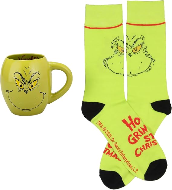 Dr. Seuss GRINCH Naughty or Nice Oval Ceramic 18oz Mug and Crew Sock Combo