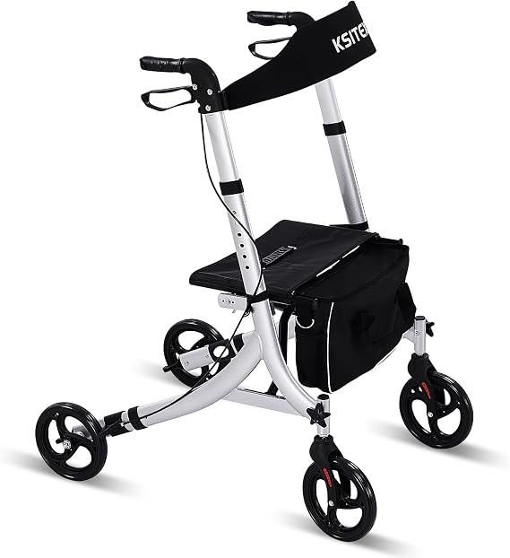 Rollator Walkers for Seniors, Rolling Walker with Backrest 300lbs | Folding Walking Aid with Seat and Brakes, Aluminum Heavy-Duty Drive Walker with Adjustable Handles, 8" All-Terrian Big Wheels