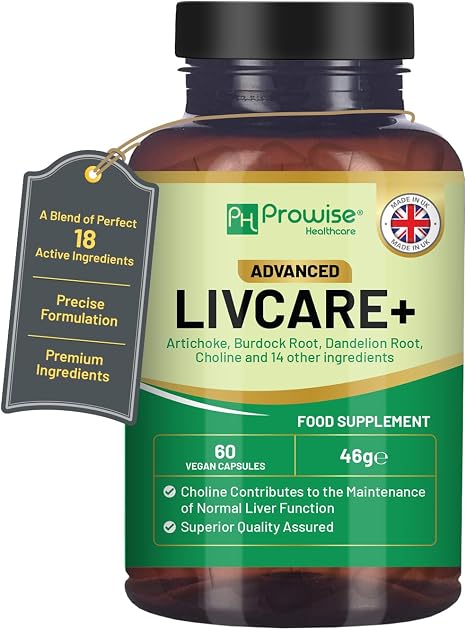 Advanced Livcare+ 60 Vegan Capsules Added with Choline Artichoke Burdock Root Dandelion Root and 14 Other Active Ingredients for Men and Women by Prowise