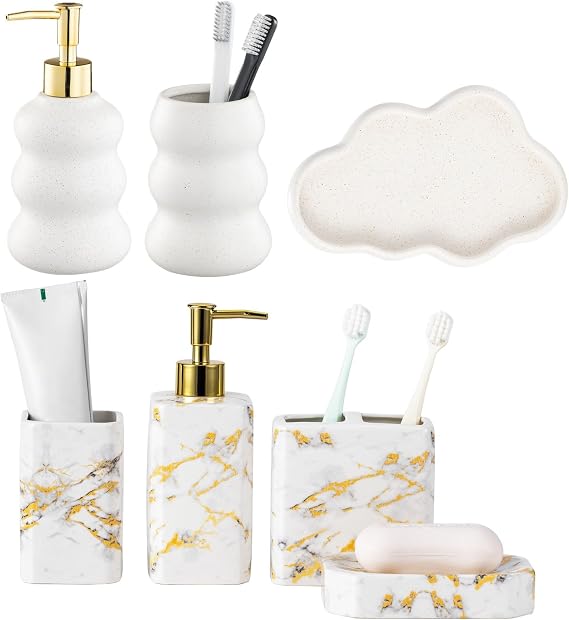 4 Piece Marble Bathroom Accessories Set, 3-Piece Ceramic Bathroom Accessories Set with Sand Point Glaze Design