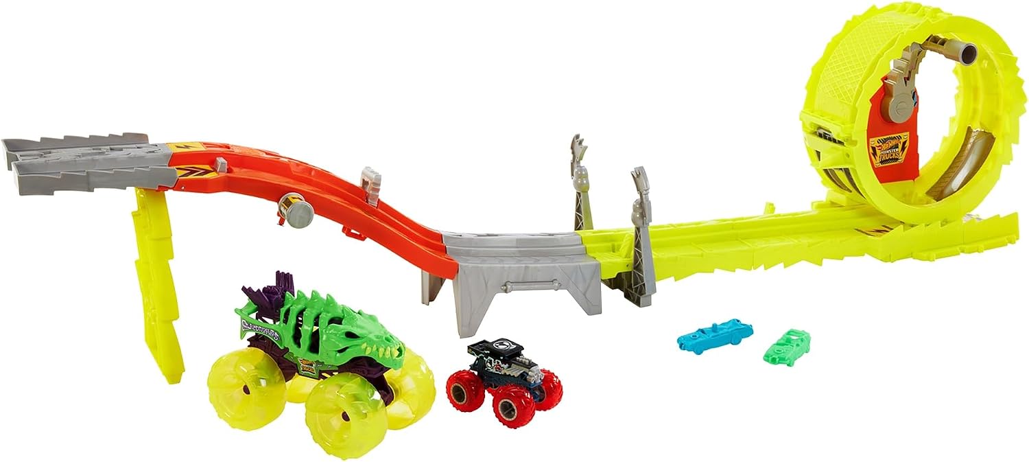 Hot Wheels HXT05 Monster Truck Speed Challenge Race Mini Car Set, Includes 2 Mini Cars Large and Small, Toy Vehicle Playset, Ages 4 and Up, Yellow