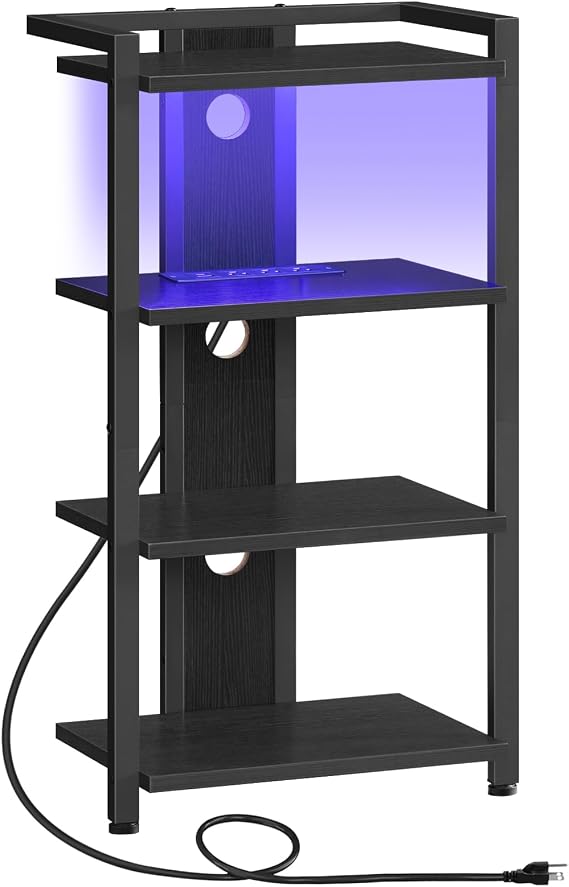 HOOBRO Game Console Shelf, 4-Tier Video Gaming Consoles Stand with Outlet & RGB Light, Audio Rack Tower for Turntable, Stereo Equipment, Wooden Entertainment Storage Stand, Black BB38UDCJ01