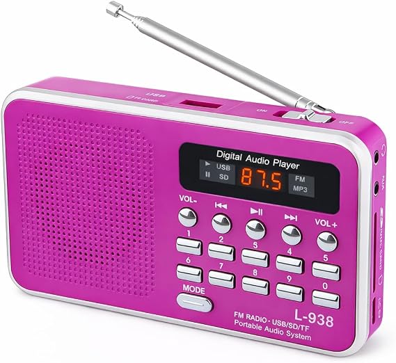 L-938 Şarjlı Taşınabilir FM Radyo | Dijital Ekranlı | USB/TF/SD/AUX Destekli | BL-5C Bataryalı Cep Radyosu (Macenta)