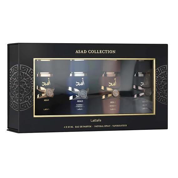 Lattafa Asad 4-Piece Gift Set 25ml Men's Oriental Fragrance Collection | Asad, Elixir, Bourbon & Asad Zanzibar LE