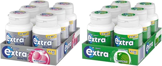 Extra Chewing Gum, White Bubblemint and Spearmint Flavours, 6 Packs of 46 Pieces Each (12 Packs Total)