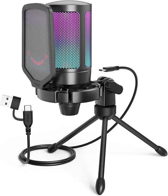 FIFINE AmpliGame A6V USB Gaming Microphone, Condenser RGB Mic for Streaming