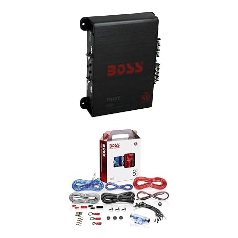BOSS Audio Systems R1004 Riot 400 Watt 4-Channel Class A/B 2 Ohm Stable Full Range Car Audio Amplifier and KIT2 8 Gauge Installation Wiring Kit
