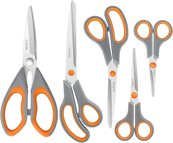 Asdirne Scissors, Kitchen Scissors with Sharp Stainless Steel Blades and Soft Handles, Multifunctional Scissors Set, 5PCs, Orange/Grey