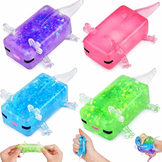 4pcs Axolotl Squishy Fidget Toy, Cute Glitter Axolotl Stress Ball | Soft Slow Rising Sugar Squishy Sensory Toy for Kids Adults, Kawaii Animal Anxiety Relief Toy for Party Favors Gift (B)