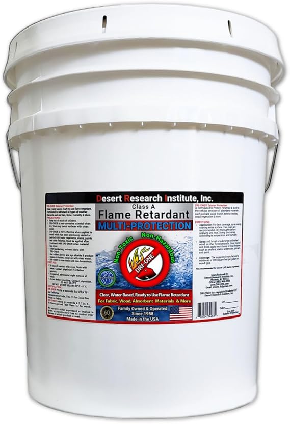 Fire Retardant Spray Liquid Solution for Natural Textiles, Raw Wood, Absorbent Materials & More - Class A Flame Retardant -Eco Safe - NFPA 701- ASTM E84-5 Gallon pail of DRI-ONE