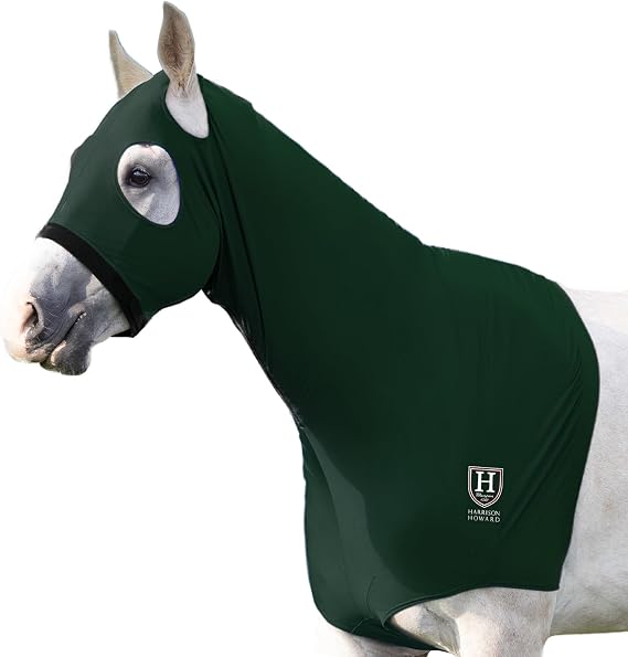 Harrison Howard Stretch Hood No Eye/Ear Covers Head, Shoulders, Mane, Chest, Withers Perfect for Show/Event Preparation-Hunter Green L