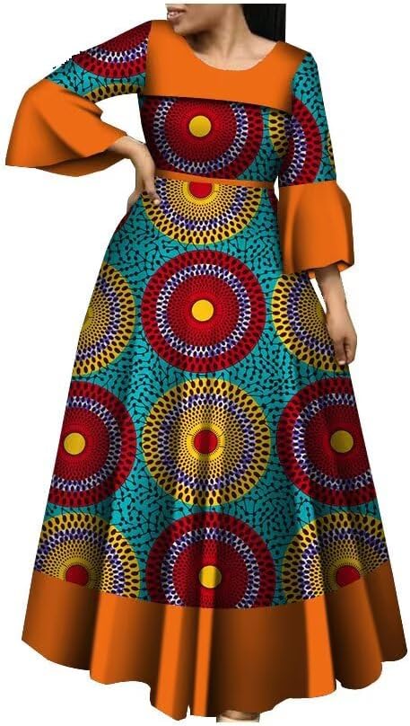 BAZINRICHE African Dresses for Women Long Sleeve O Neck Print Casual Party Dress