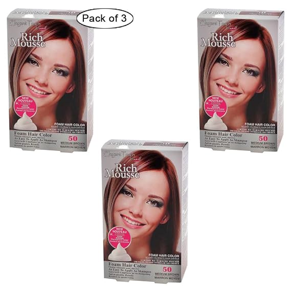 Foam Hair Color Rich Mousse Medium Brown #50, Elegant Touch by PUR-est (Pack of 3)