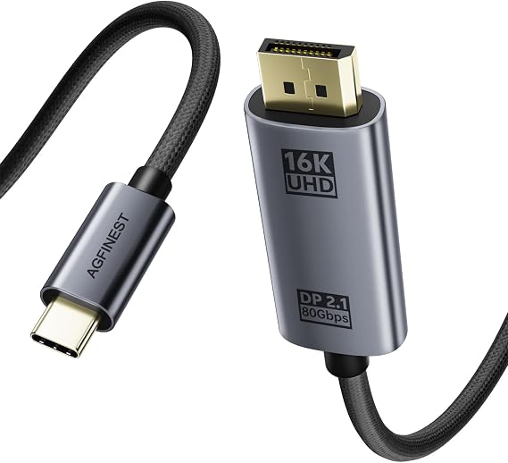 USB-C to DisplayPort 2.1 Cable 2m - 4K@240Hz, 8K@120Hz, 16K 80Gbps UHBR20 VRR HDR Thunderbolt 5/4 Compatible For MacBook Pro, Mac Mini, iPad, XPS, Surface Pro, 5090, OLED Gaming Monitor